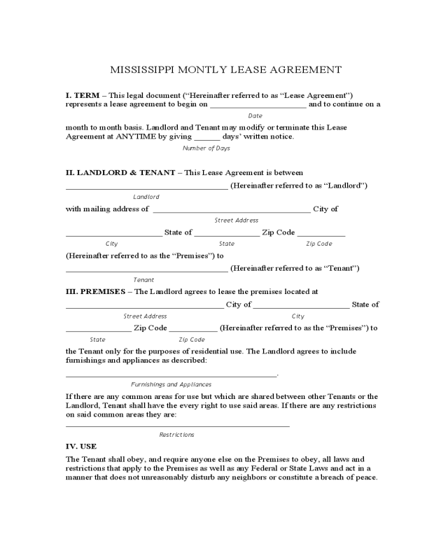Mississippi Monthly Lease Agreement