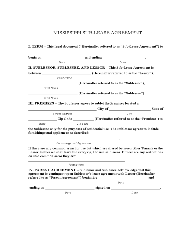 Mississippi Sublease Agreement Form