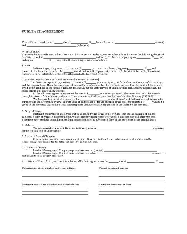 Missouri Sublease Agreement Form - Edit, Fill, Sign Online | Handypdf