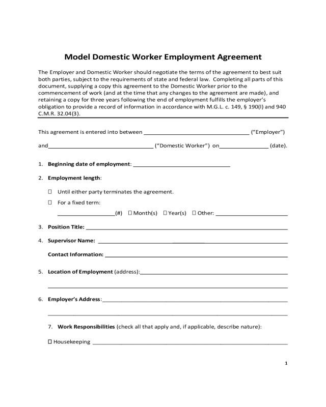 Model Domestic Worker Employment Agreement