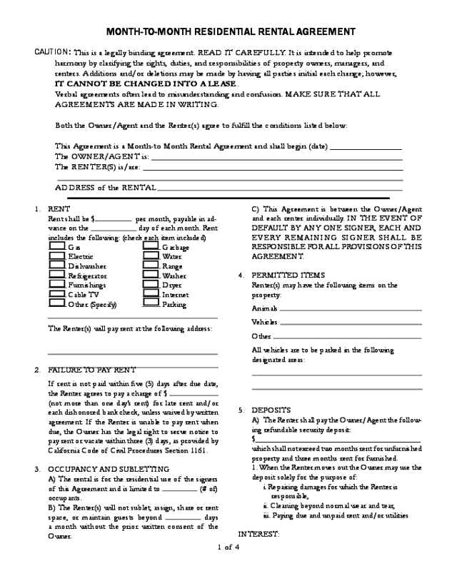 Month to Month Rental Agreement Form - California