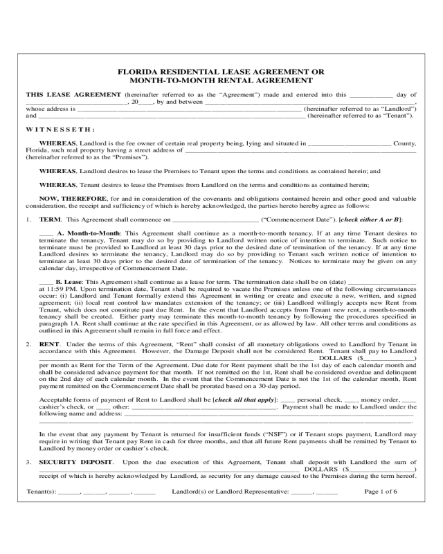 Month to Month Rental Agreement Form - Florida
