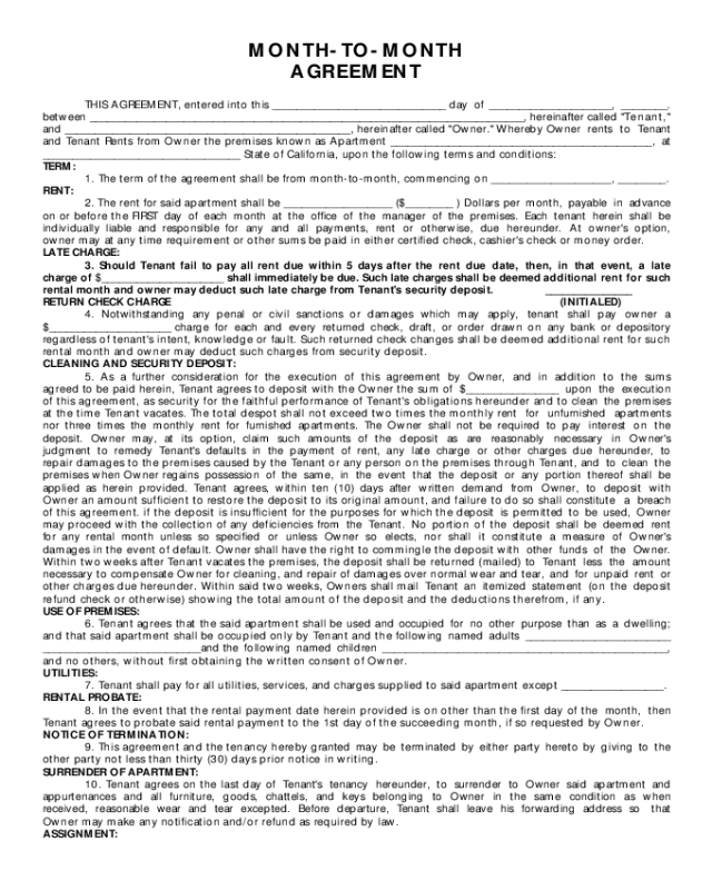 Month to Month Rental Agreement Sample Form