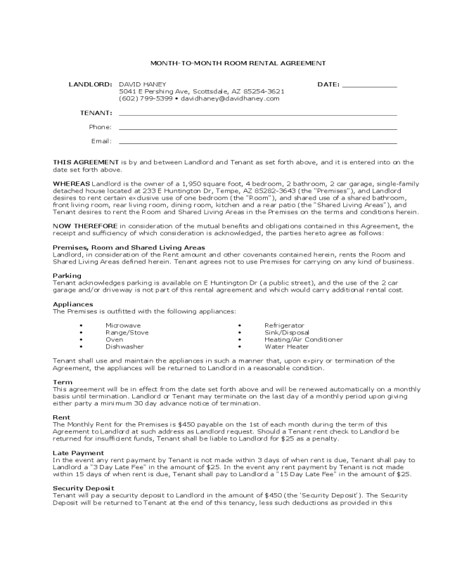 Month-to-Month Room Rental Agreement Landlord Template