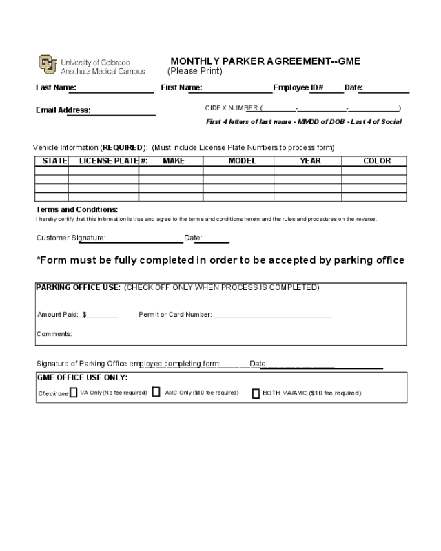 Monthly Parker Agreement Form - Colorado