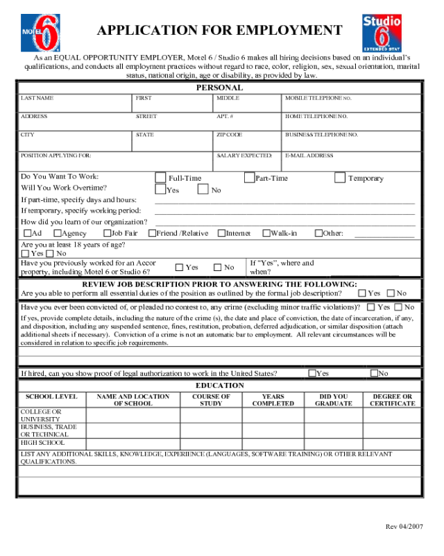 Motel 6 Application Form