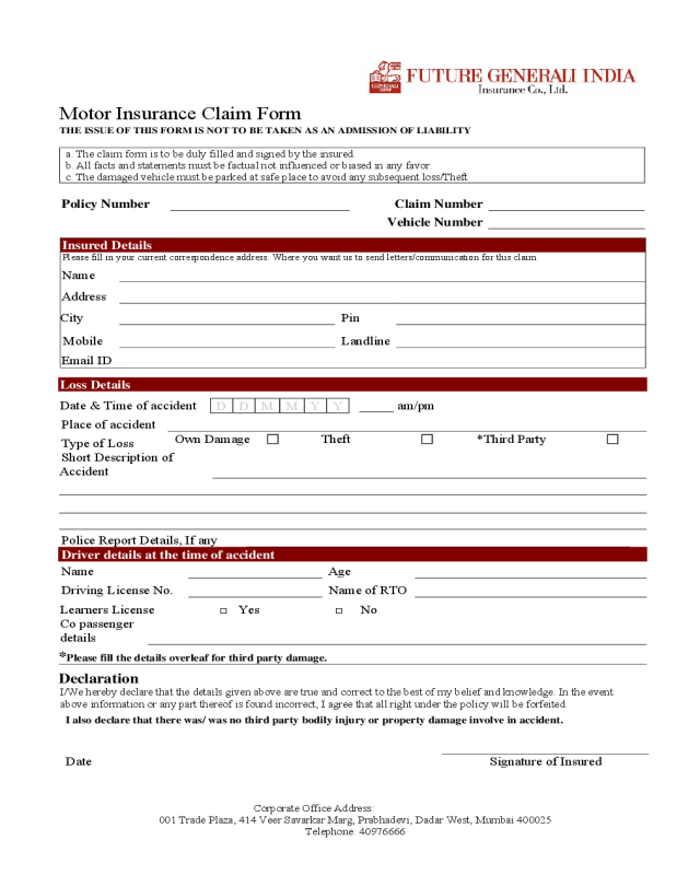 Motor Insurance Claim Form