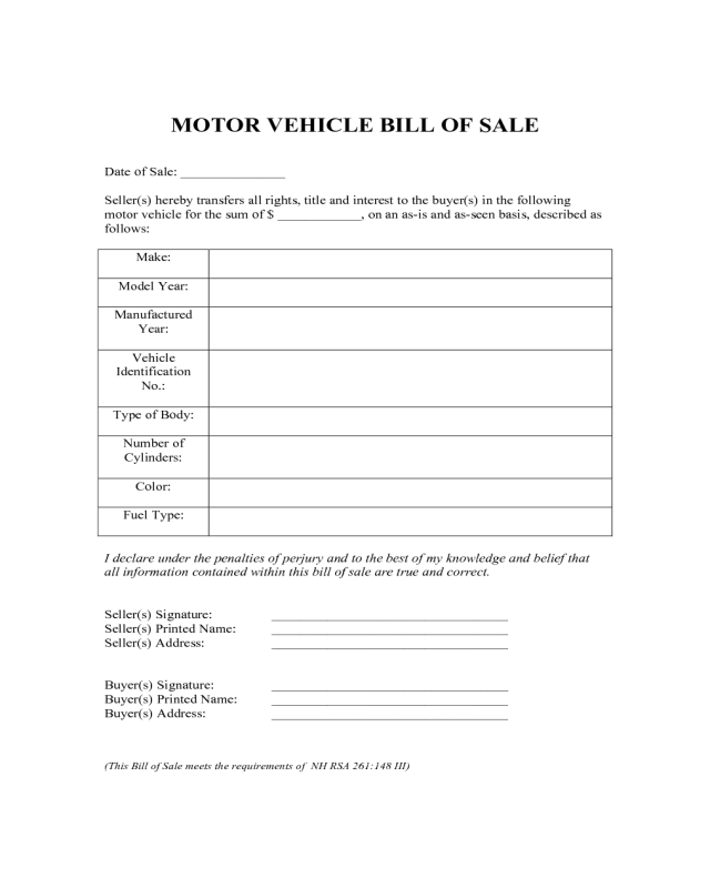 Motor Vehicle Bill of Sale Form - New Hampshire