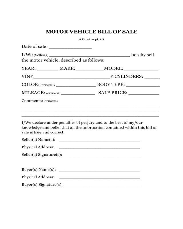 Motor Vehicle Bill of Sale Template - New Hampshire