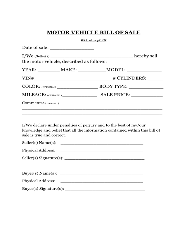 2020 vehicle bill of sale form fillable printable pdf forms handypdf