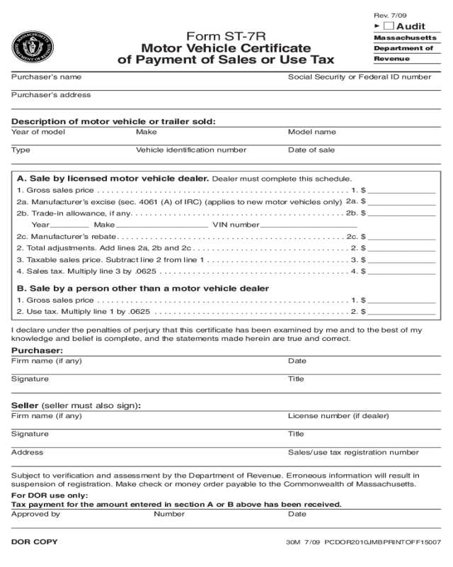 Motor Vehicle Certificate of Payment of Sales or Use Tax