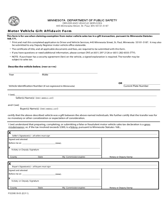 Motor Vehicle Gift Affidavit Form
