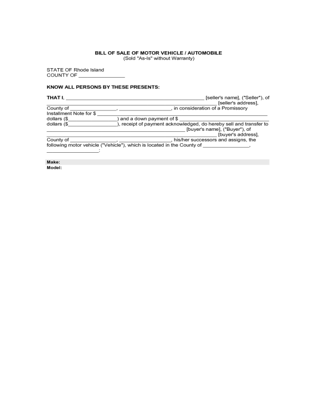 Motor Vehicle or Automobile Bill of Sale Form - Rhode Island