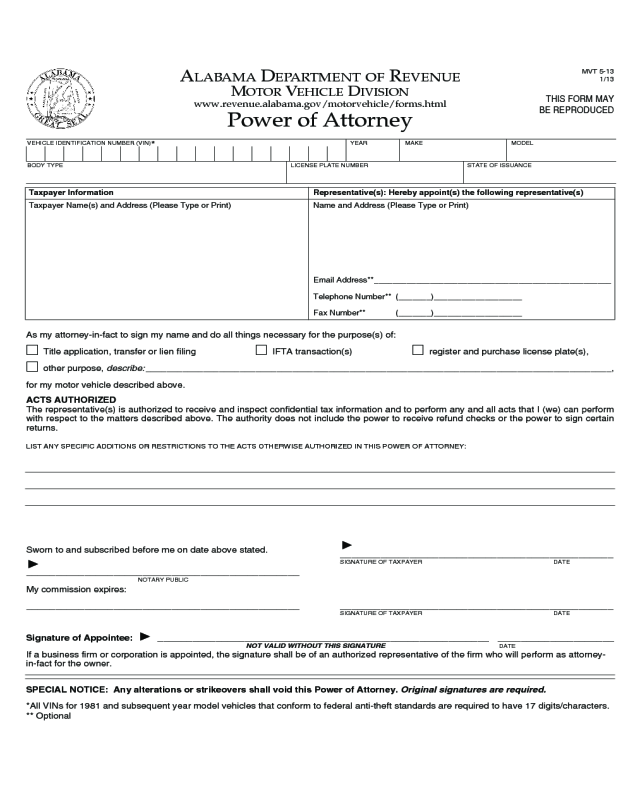 Motor Vehicle Power of Attorney Form - Alabama