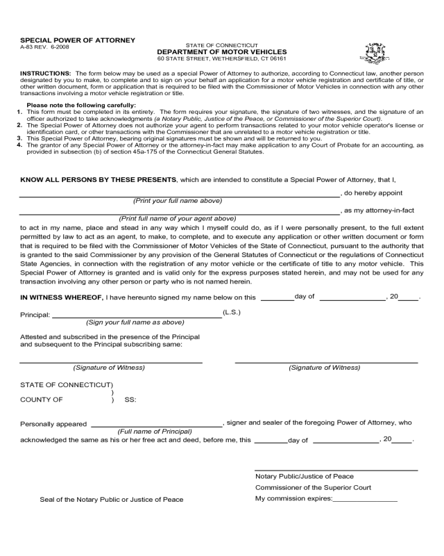 Motor Vehicle Power of Attorney Form - Connecticut