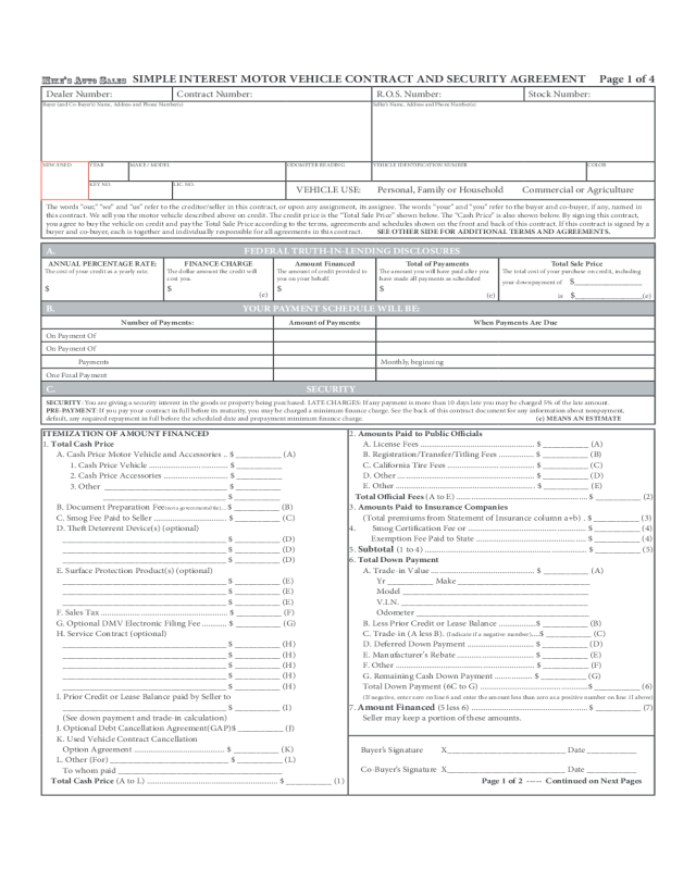 Motor Vehicle Security Agreement Form