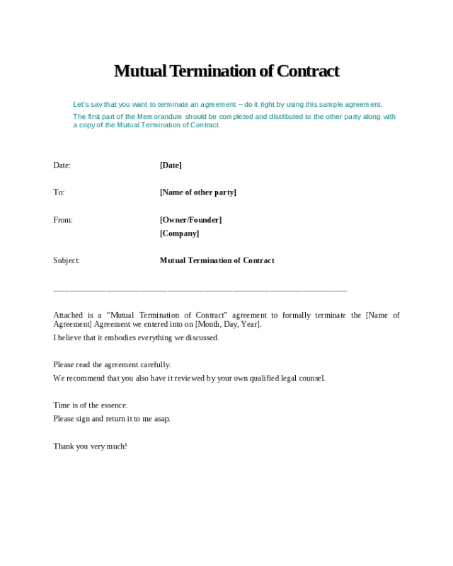 Mutual agreement letter