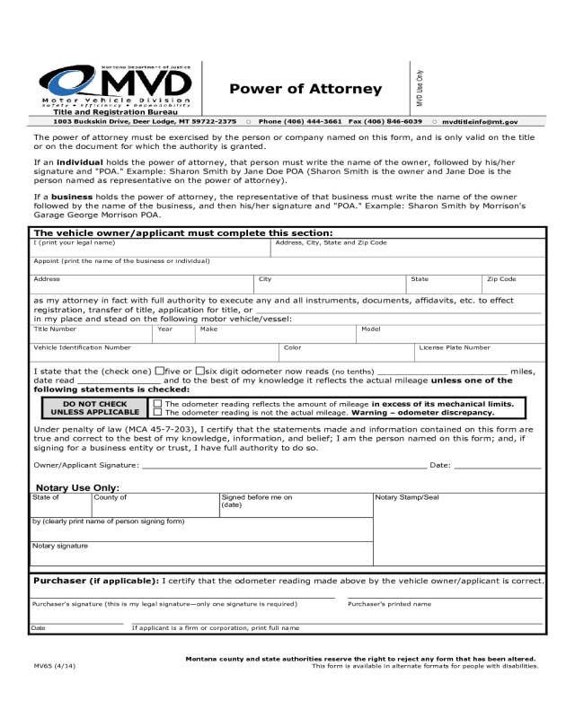 MV 65 - Power of Attorney - Montana Motor Vehicle Division