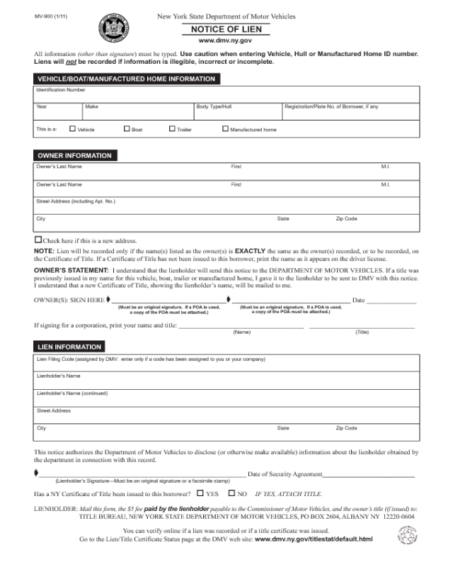 MV-900 - Notice of Lien Form - New York