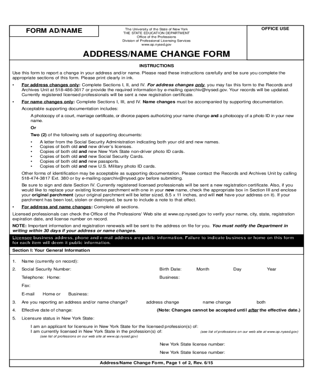 Name And Address Change Form - New York