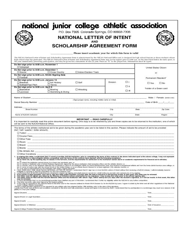 National Letter of Intent and Scholarship Agreement Form