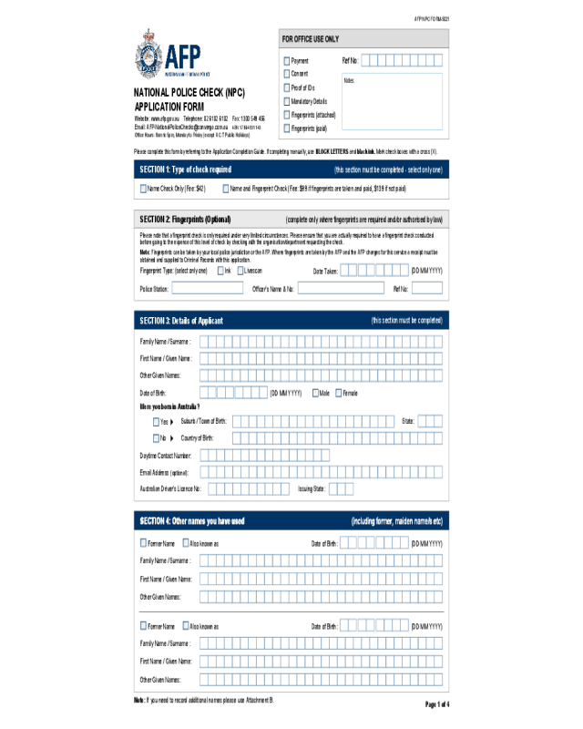 National Police Check (NPC) Application Form - Australia