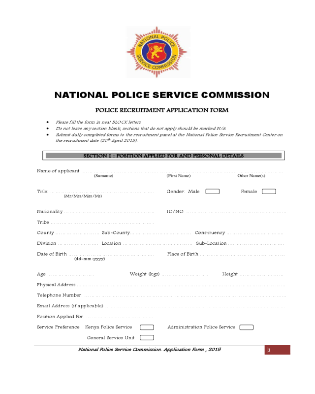 National Police Recruitment Application Form (2015)