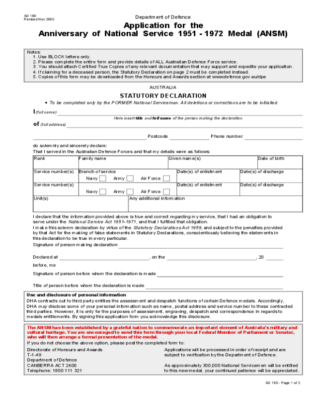 National Service Medal Application Sample Form
