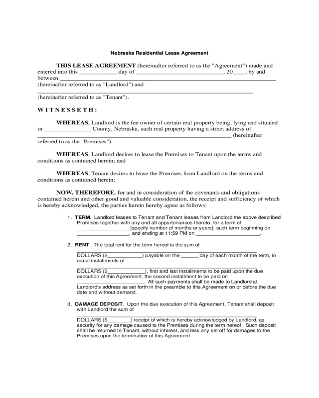 Nebraska Residential Lease Agreement Form