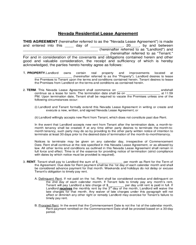 Nevada Residential Lease Agreement Form