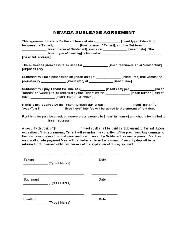 Nevada Sublease Agreement Form
