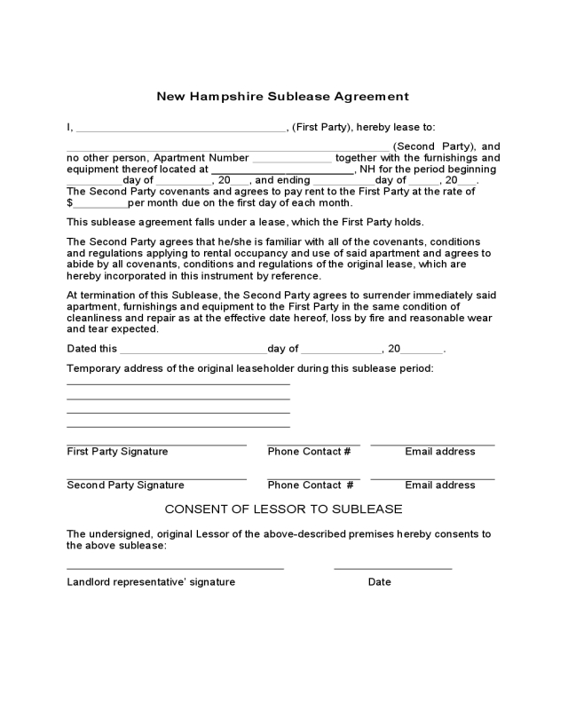 New Hampshire Sublease Agreement