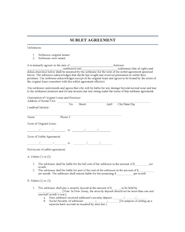 New Jersey Sublease Agreement Form