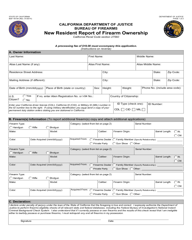 New Resident Report of Firearm Ownership - California