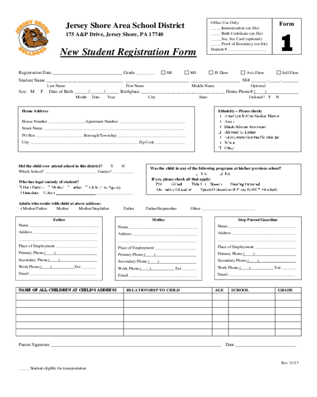 New Student Registration Form - Jersey Shore Area School District