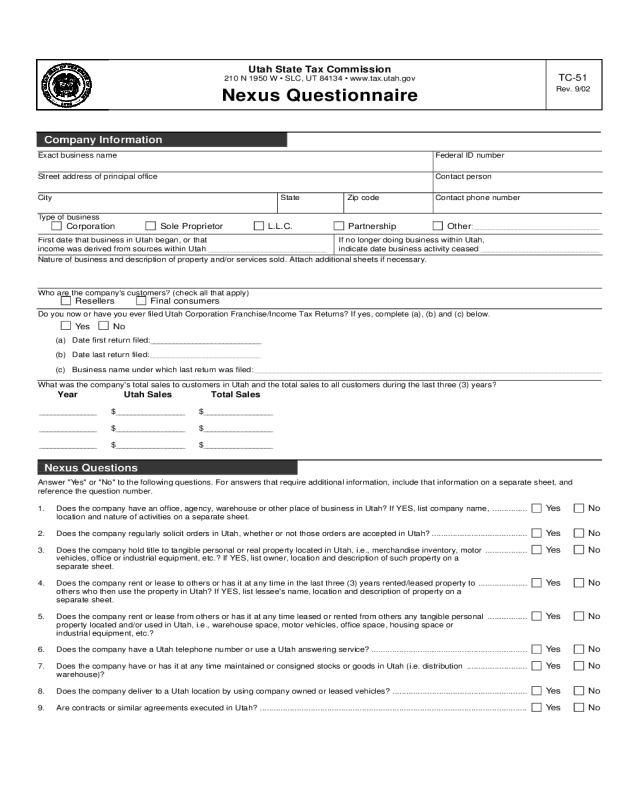 Nexus Questionnaire -Utah