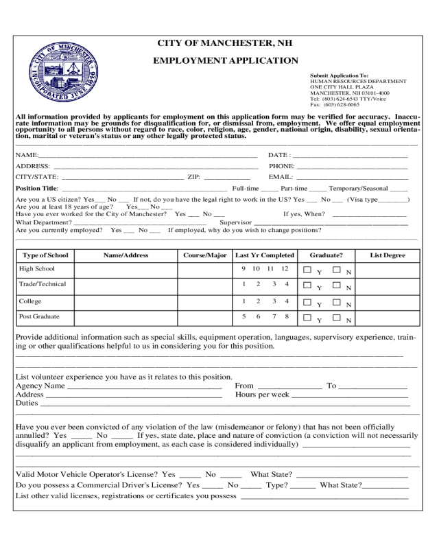 NH EMPLOYMENT APPLICATION FOR CITY OF MANCHESTER