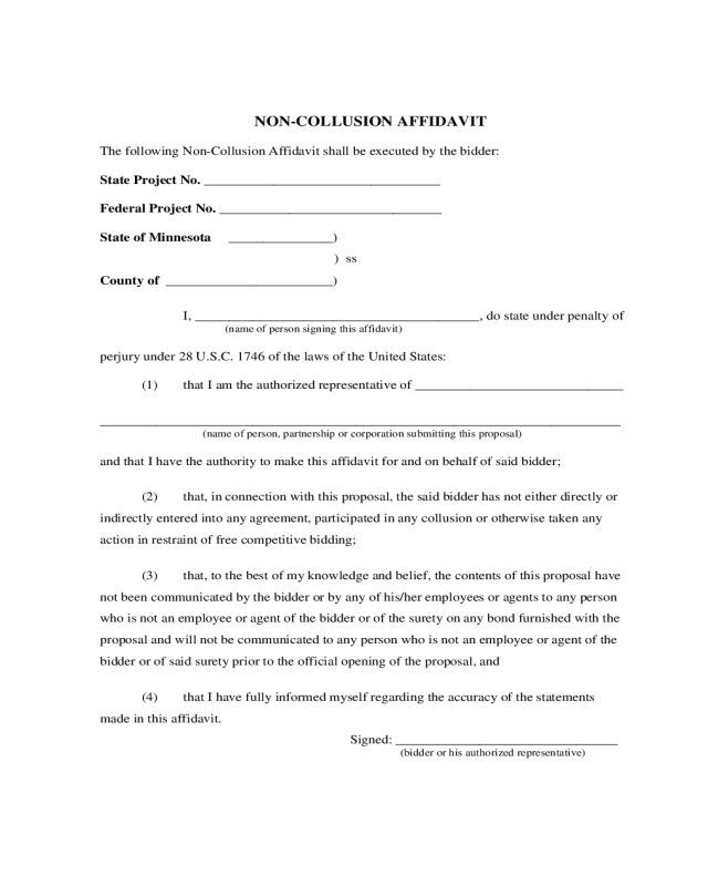 Non-Collusion Affidavit Form - Minnesota