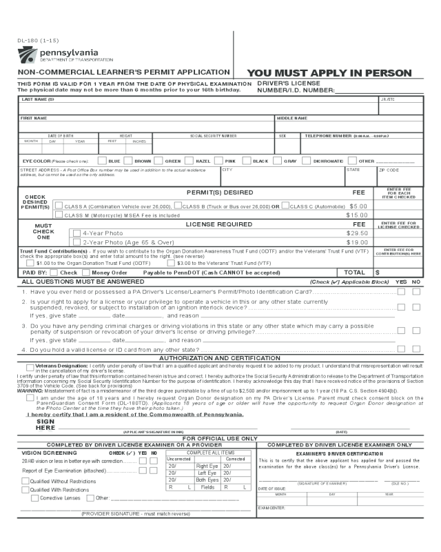 Non-Commercial Learner's Permit Application - Pennsylvania