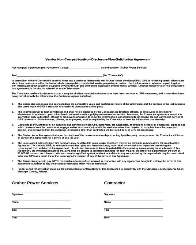 Sample Printable Non Compete Agreement
