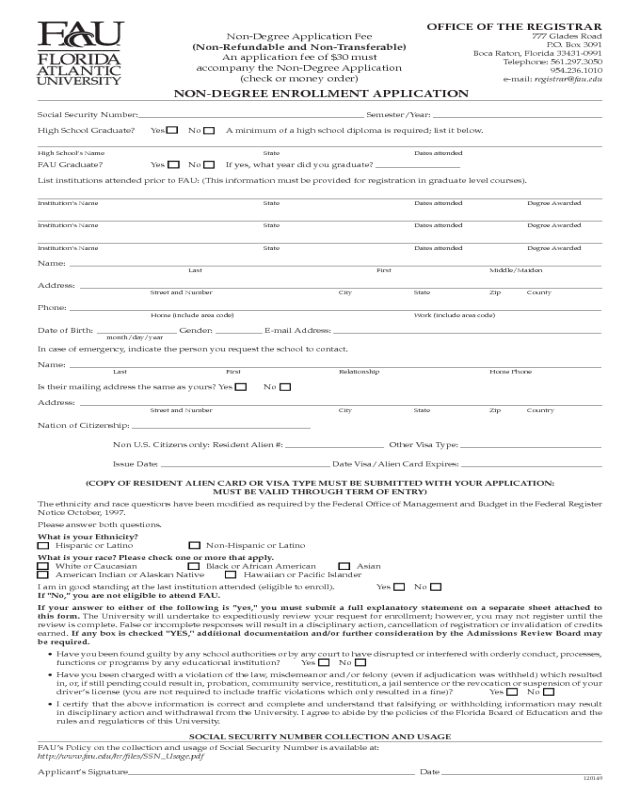Non-Degree Application Enrollment Application - Florida Atlantic University