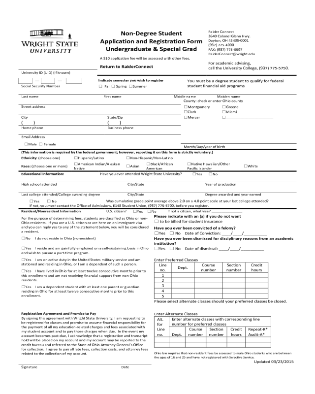 Non-Degree Student Application and Registration Form - Wright State University