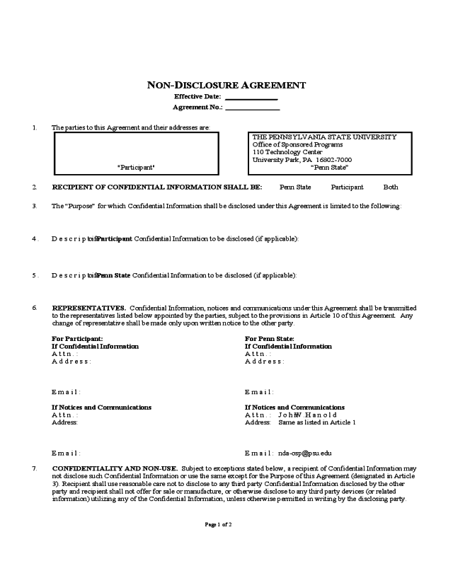Non-Disclosure Agreement - Pennsylvania