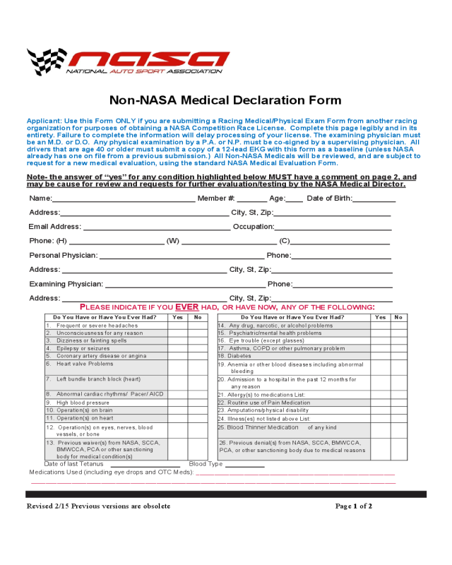 Non-NASA Medical Declaration Form