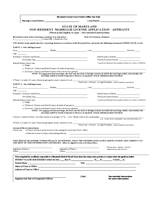 Non-Resident Marriage License or Certificate Application Form - Maryland