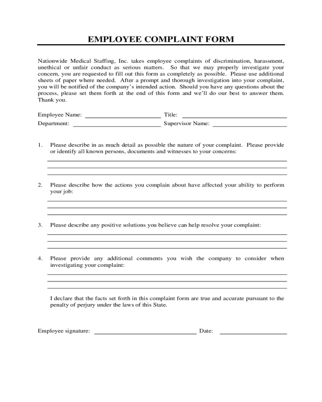 Noncomplete Employee Complaint Form