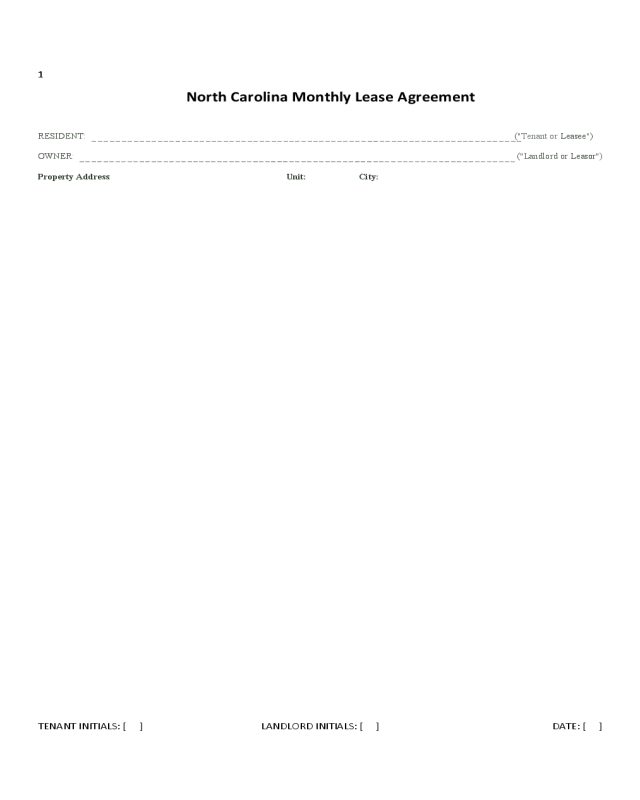 North Carolina Monthly Lease Agreement