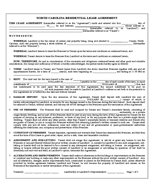 North Carolina Standard Residential Lease Agreement