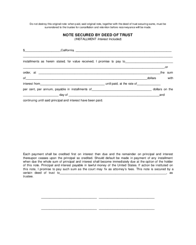Note Secured By Deed of Trust - California