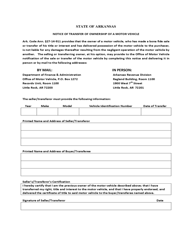 Notice of Transfer of Ownership of a Motor Vehicle - State of Arkansas
